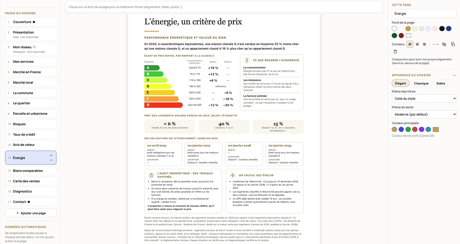 Éditeur de dossier d'avis de valeur sur ordinateur : la liste des pages du dossier à gauche, la page « L'énergie, un critère de prix » au centre et, à droite, le fond de la page, le style, les polices et la couleur principale