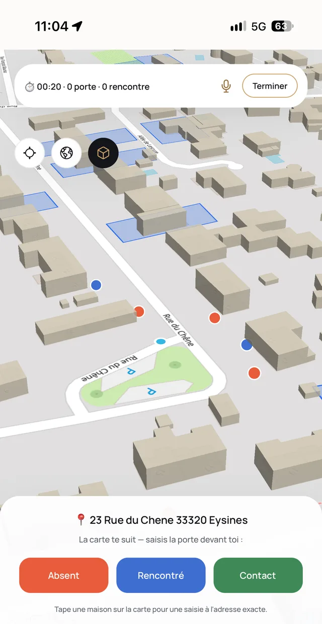 Tournée en cours sur la carte 3D : chronomètre, portes et rencontres en direct, boutons Absent/Rencontré/Contact
