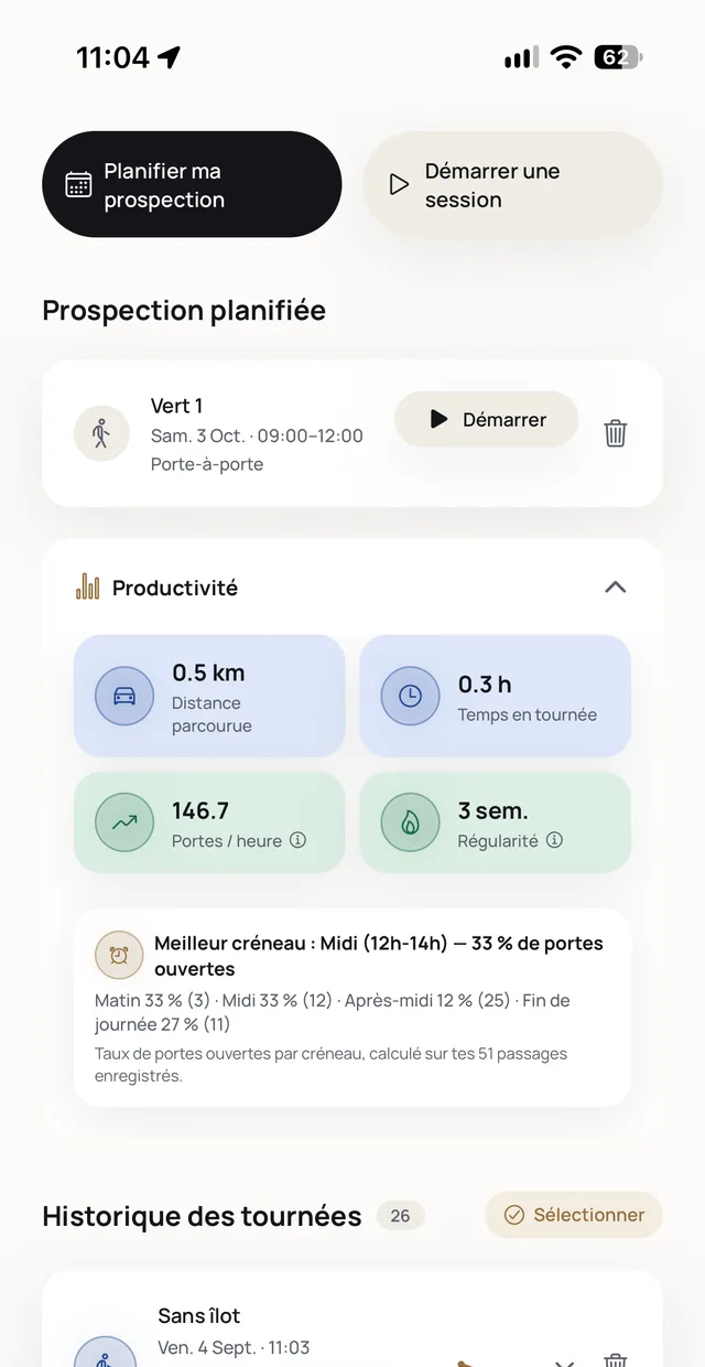 Écran Ma prospection : historique des tournées et statistiques de productivité (distance, temps, portes par heure, régularité)