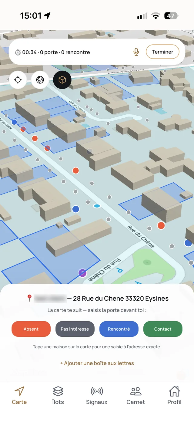 Tournée de porte-à-porte en cours sur la carte en relief : chronomètre, portes et rencontres, et les boutons Absent, Pas intéressé, Rencontré, Contact